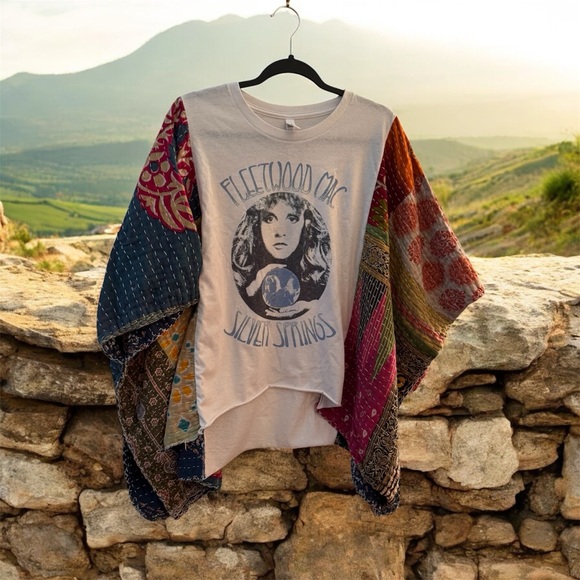FLEETWOOD MAC Other - FLEETWOOD MAC tee w Kantha Sleeves. Poncho One size, Handmade one of a kind Boho